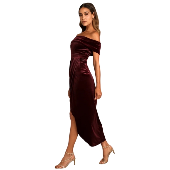 Lulus I'm Enchanted Burgundy Velvet Off-the-Shoulder Maxi Dress Medium - Picture 3 of 6